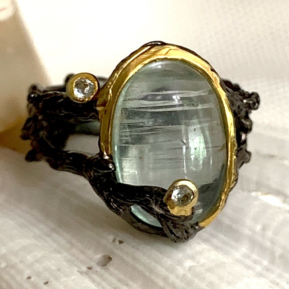 Sea Life Designed Aquamarine Sterling & 14 kt Ring
